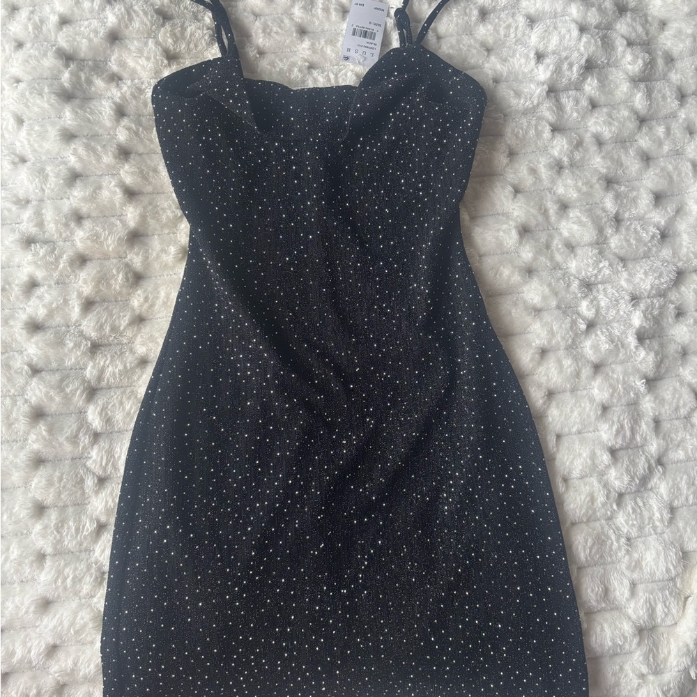 Lush Black Sparkle Mini Dress with Spaghetti Straps